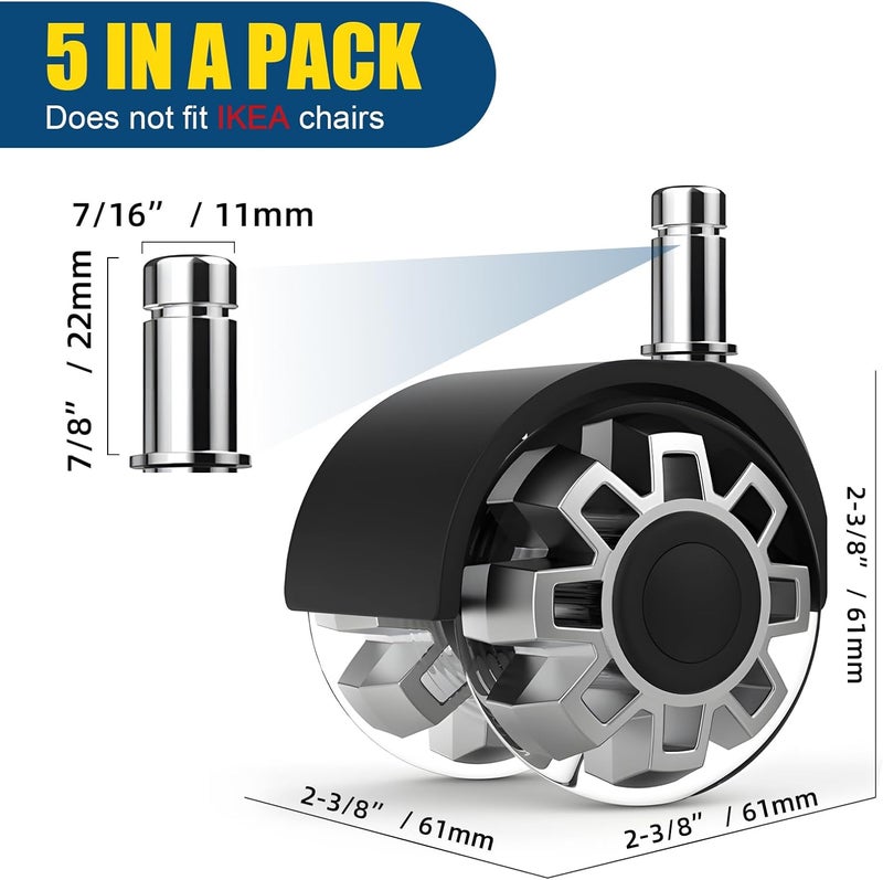 Minewill Office Chair Wheels Casters - Protection for Hardwood Floors and Carpet, Heavy Duty Silent Computer Chair Wheels with Standard Stem 7/16″* 7/8″(11mm*22mm),Office Furniture Casters Set of 5(Black) - Image 2